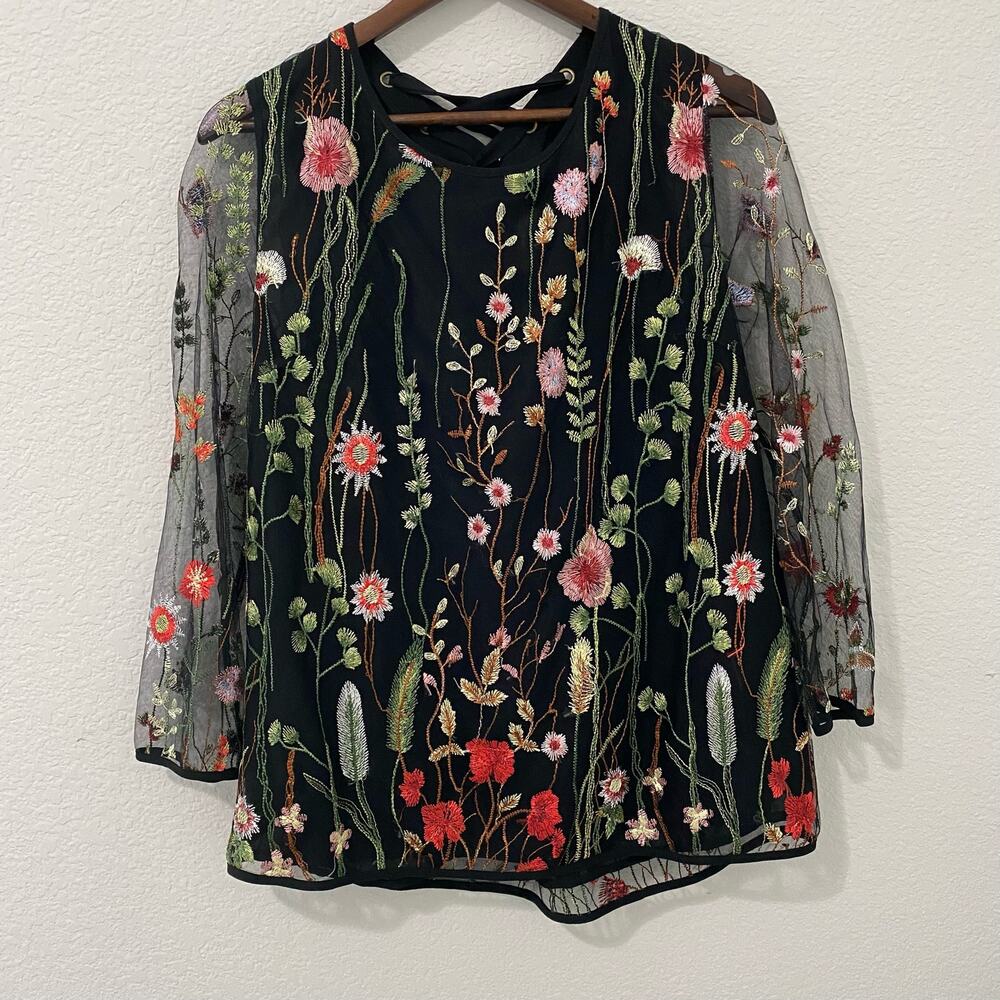 Entro Blouse Floral Black and Multi Color Embroidered Mesh Sleeve